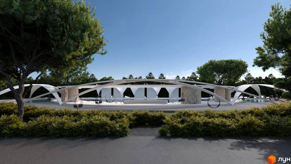 Котеджне містечко Riviera City Park з унікальною архітектурою та зоною відпочинку біля басейну, оточене зеленню.