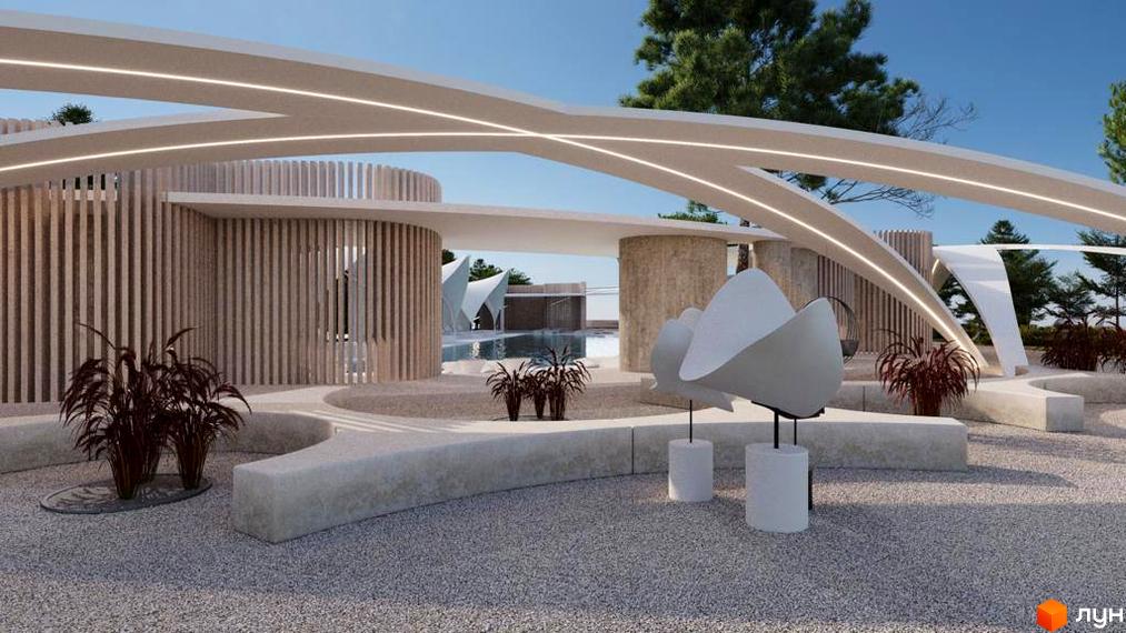 Котеджне містечко Riviera City Park. Зовнішній вигляд будівлі з дерев'яними елементами та білими вигнутими навісами, прибудинкова територія з ландшафтним дизайном та скульптурами.