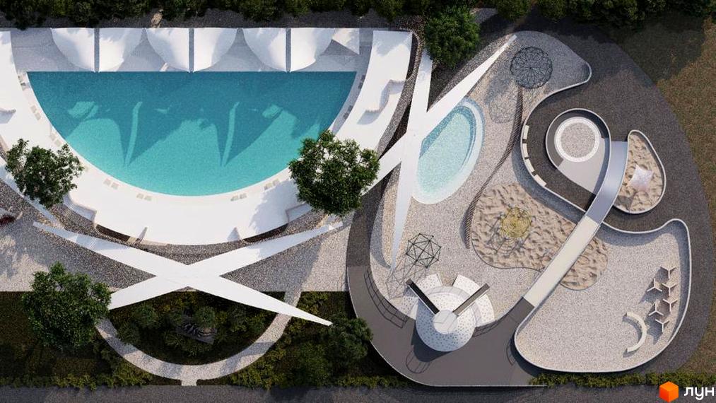 Вигляд зверху на Котеджне містечко Riviera City Park з басейном та дитячим майданчиком. Ландшафтний дизайн території.