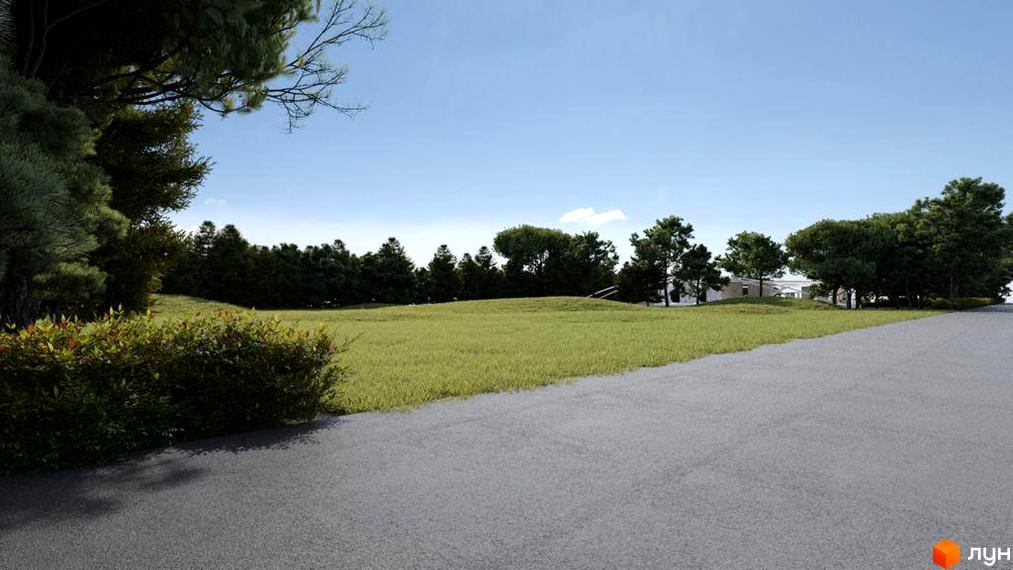 Зображення ландшафтного дизайну Котеджного містечка Riviera City Park з газоном та деревами. Вигляд на територію комплексу з дорогою.