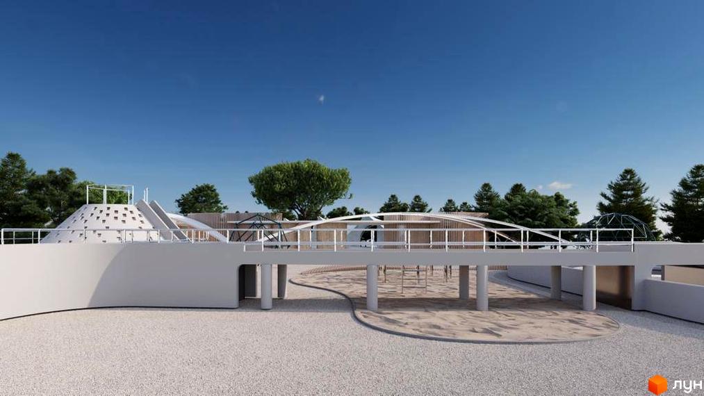 Зображення Котеджного містечка Riviera City Park з дитячим майданчиком та спорудами для ігор. Вигляд на територію комплексу з деревами.