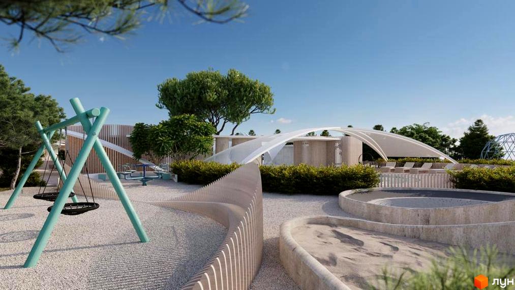 Котеджне містечко Riviera City Park: дитячий майданчик з гойдалками та пісочницями, зона відпочинку з шезлонгами під навісом.