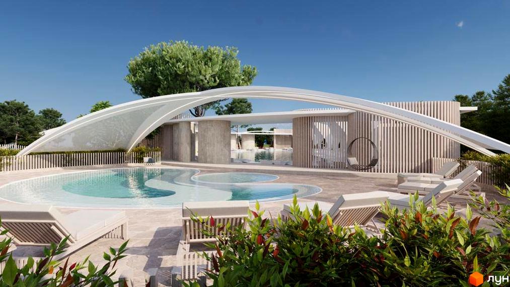 Зображення басейну та зони відпочинку в Котеджному містечку Riviera City Park. Вид на будівлю з незвичайною архітектурою та зелену територію.