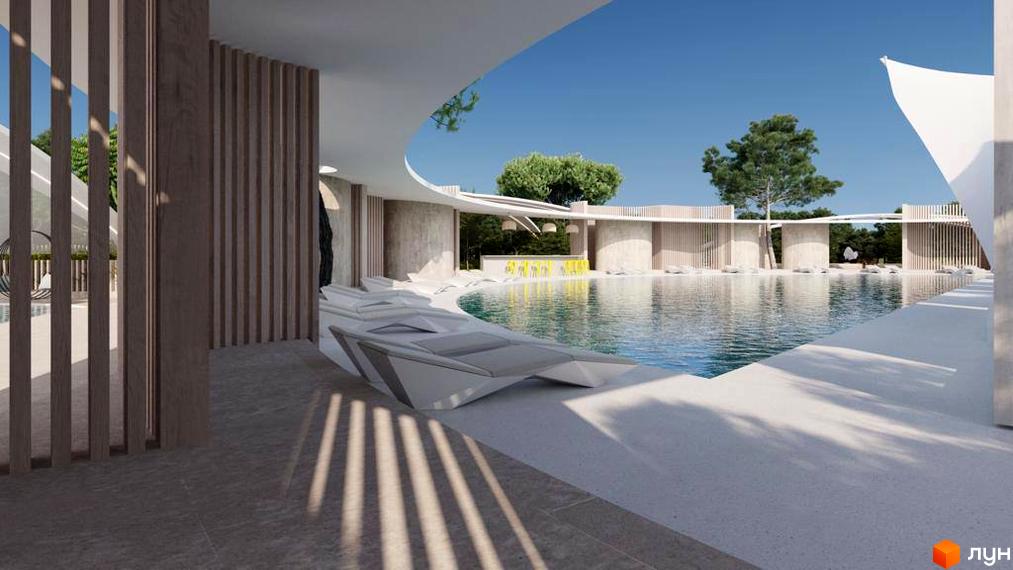 Котеджне містечко Riviera City Park з басейном та зоною відпочинку. Відкритий простір з елементами архітектури та зелені.