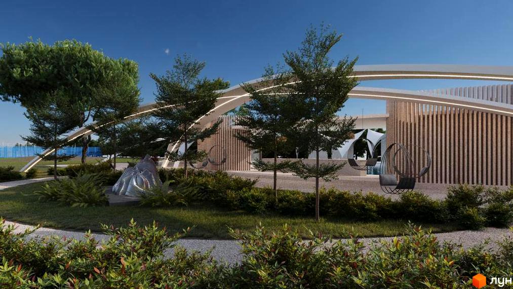 Зображення території Котеджного містечка Riviera City Park з деревами, лавками-гойдалками та скульптурою. Вигляд будівлі з вертикальними дерев'яними панелями.