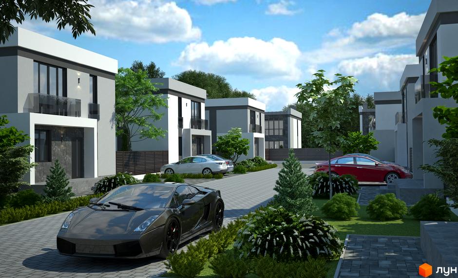 Котеджне містечко GREAT OSOCOR Apartments: сірі та білі двоповерхові будинки з панорамними вікнами, огородженою територією та доглянутим ландшафтом з деревами та кущами.