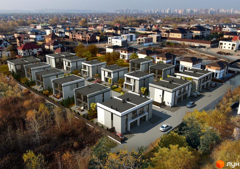 Котеджне містечко GREAT OSOCOR Apartments з сучасними будинками сірого та білого кольору, розташоване серед дерев та доглянутої прибудинкової території.