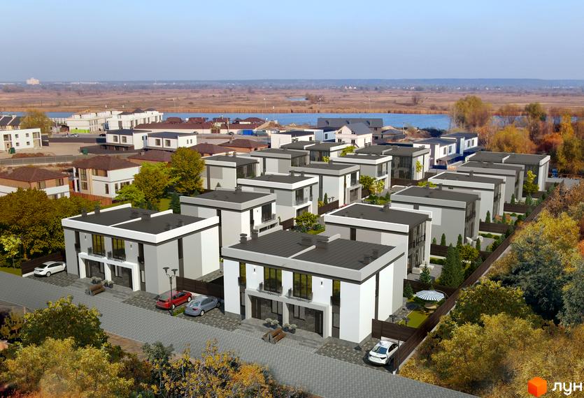 Котеджне містечко GREAT OSOCOR Apartments: сучасні двоповерхові будинки з пласкими дахами та великими вікнами, розташовані на доглянутій прибудинковій території з парковками та зеленими зонами.