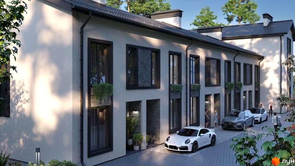 Зображення фасаду Житлового комплексу на вул. Ярославська, 26в. Вигляд новобудови та прибудинкової території.