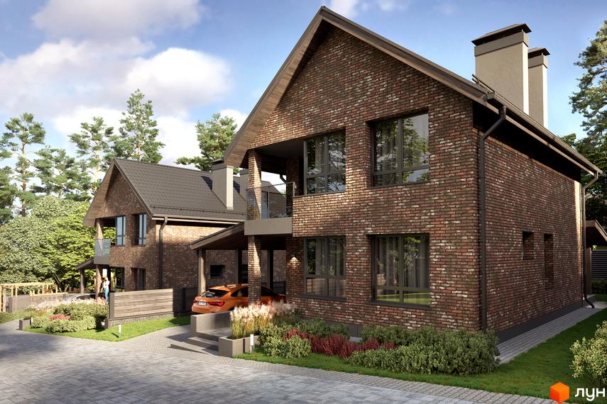 Зображення фасаду будинку в Котеджному містечку Lake View з червоної цегли. Навколо будинку зелені насадження та доріжки.