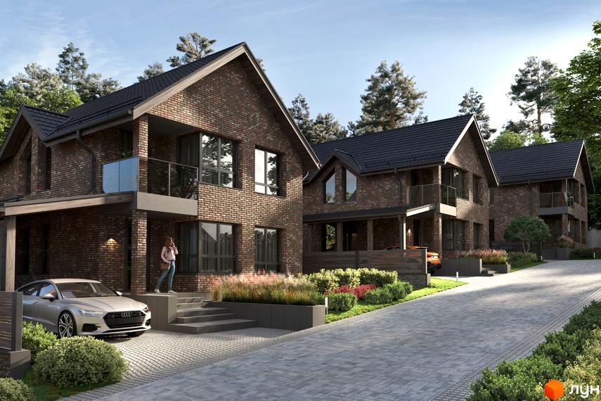 Котеджне містечко КМ Lake View: двоповерхові будинки з цегляним фасадом та балконами, розташовані на брукованій доріжці серед зелені.