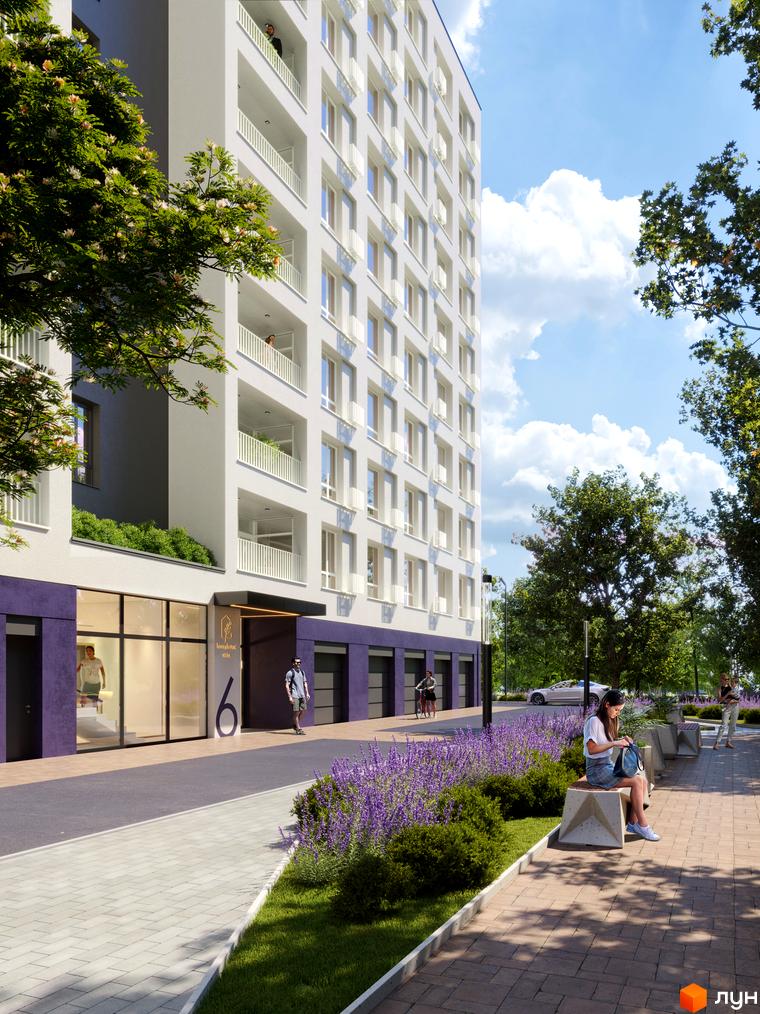 Зовнішній вигляд житлового комплексу Lavanda Park з фасадом білого кольору та балконами. Прибудинкова територія з зеленими насадженнями та місцями для відпочинку.