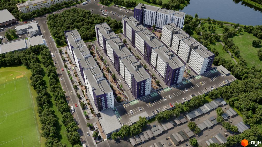 Комплекс Lavanda Park з фіолетовими та білими фасадами, розташований біля зеленої зони та водойми. На території є паркінг та доглянуті алеї.