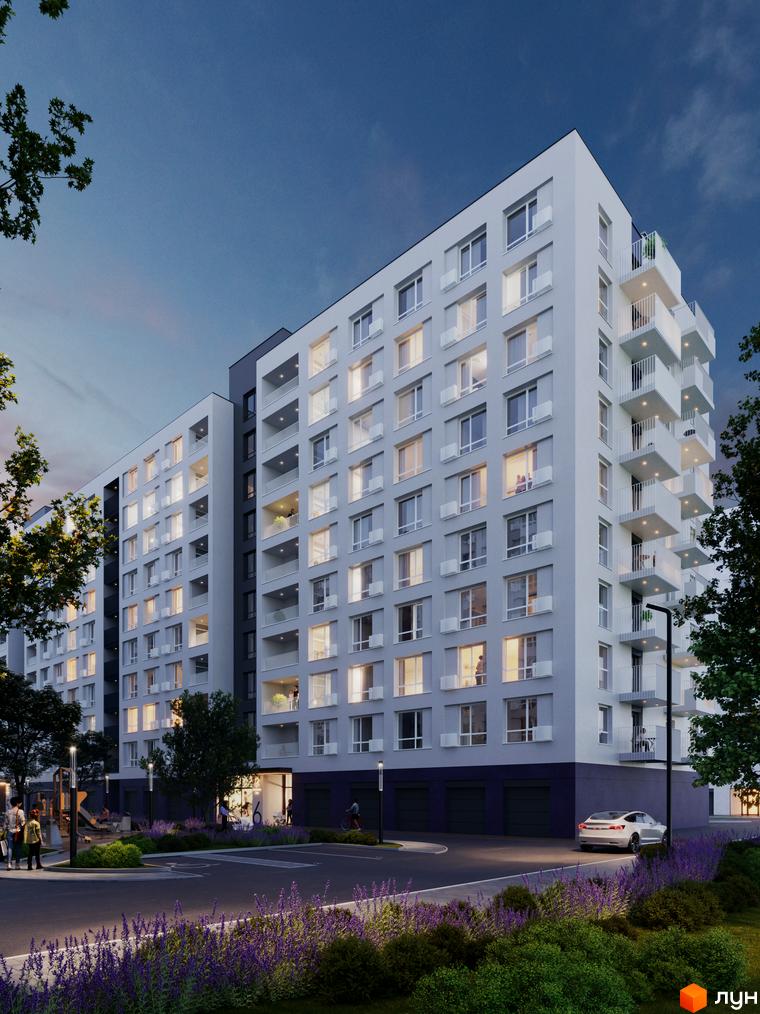Житловий комплекс Lavanda Park: багатоповерховий будинок з світлим фасадом та балконами. Прибудинкова територія з фіолетовими квітами, доріжками та дитячим майданчиком.