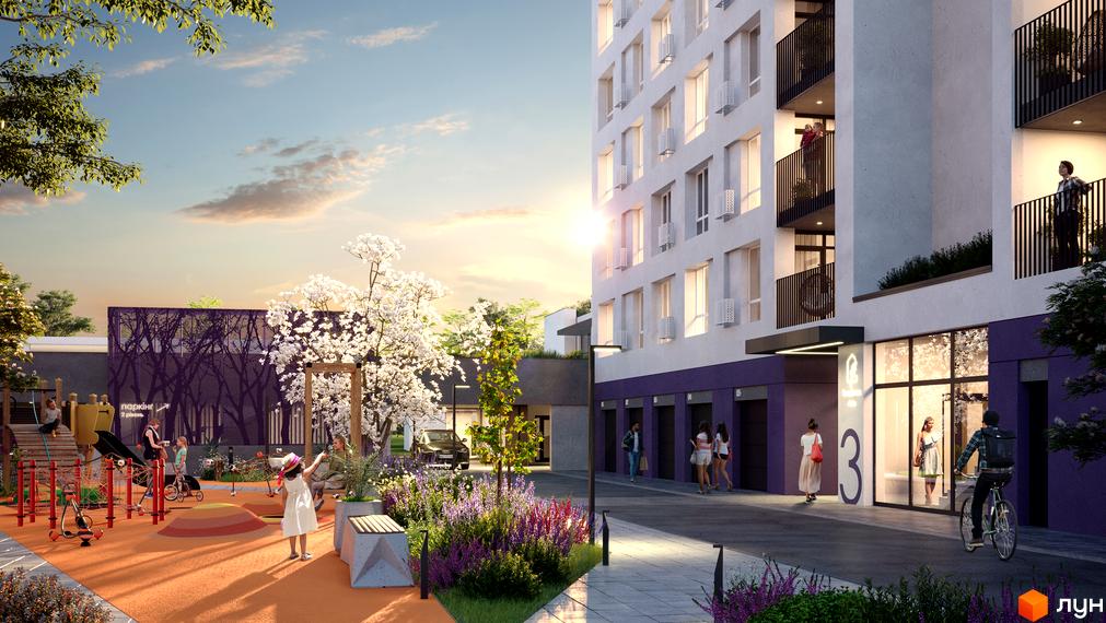 Новобудова Lavanda Park: білий багатоповерховий будинок з фіолетовими елементами. Дитячий майданчик та озеленена територія з квітами.