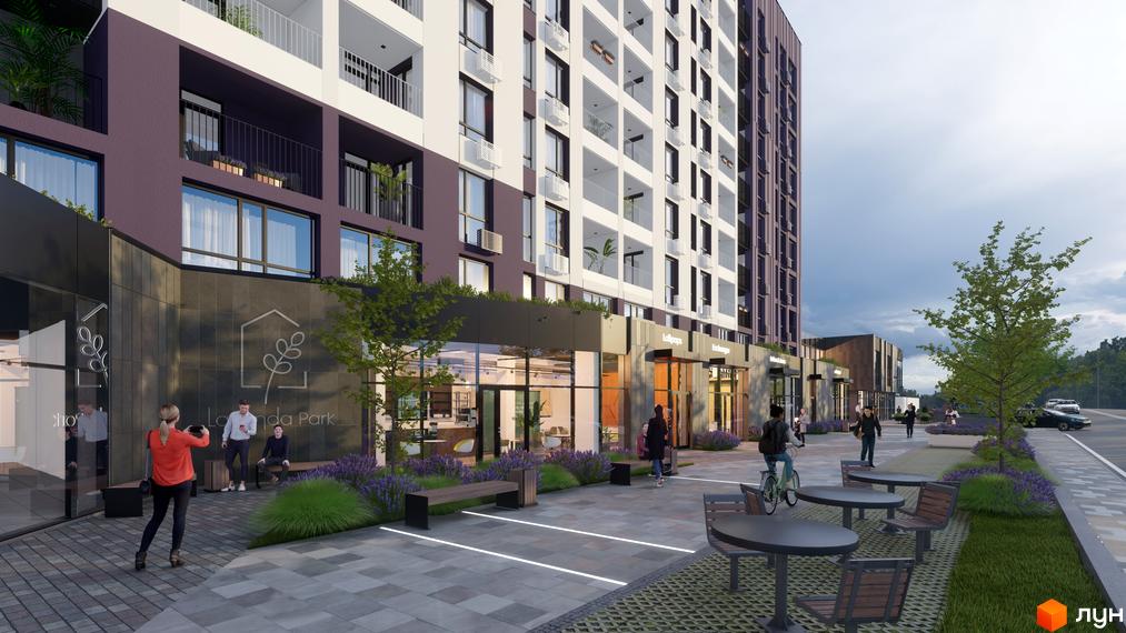 Зовнішній вигляд новобудови ЖК Lavanda Park з фасадом з білих та фіолетових панелей та прибудинковою територією з лавандою та зонами відпочинку.