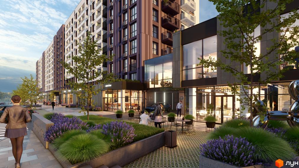 Житловий комплекс Lavanda Park: будинки з комерційними поверхами. Прибудинкова територія з лавандою, зеленню та зонами відпочинку.