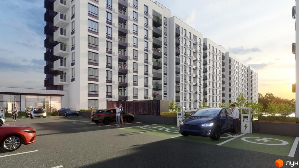 Житловий комплекс Lavanda Park з білими фасадами та балконами, прибудинкова територія з електромобілями на парковці.