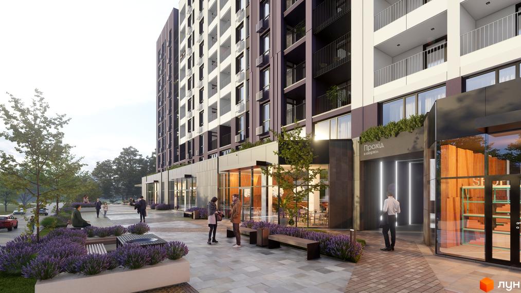 Житловий комплекс Lavanda Park: фасади будівель з балконами та прибудинкова територія з лавандою та зонами відпочинку.