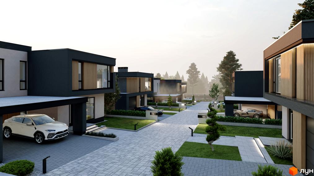 Зображення Котеджного містечка Prime Hill з будинками в сучасному стилі та доглянутою територією. Перед будинками припарковані автомобілі.