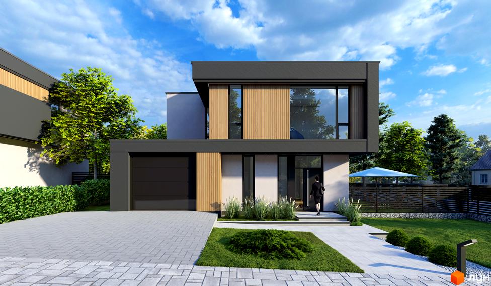 Зображення будинку в Котеджному містечку Prime Hill. Двоповерховий будинок з великими вікнами та гаражем, перед будинком газон та доріжка.