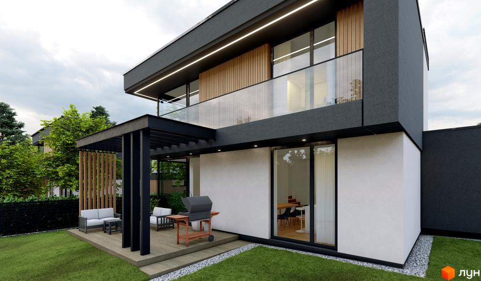 Котеджне містечко Prime Hill: двоповерховий будинок з панорамними вікнами та терасою, облаштованою зоною для відпочинку та барбекю.