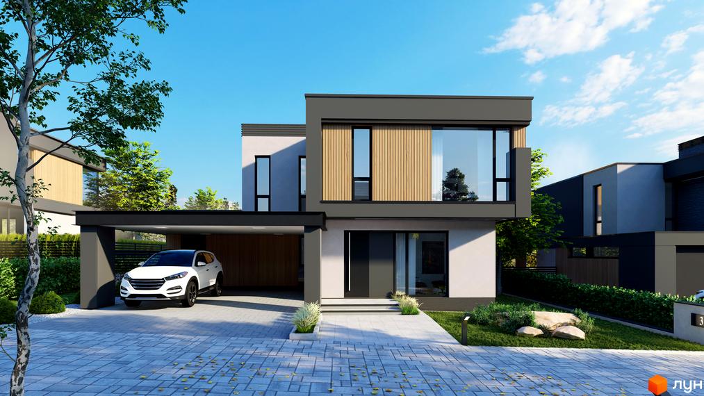 Зображення двоповерхового будинку в Котеджному містечку Prime Hill з білим автомобілем на подвір'ї та ландшафтним дизайном.