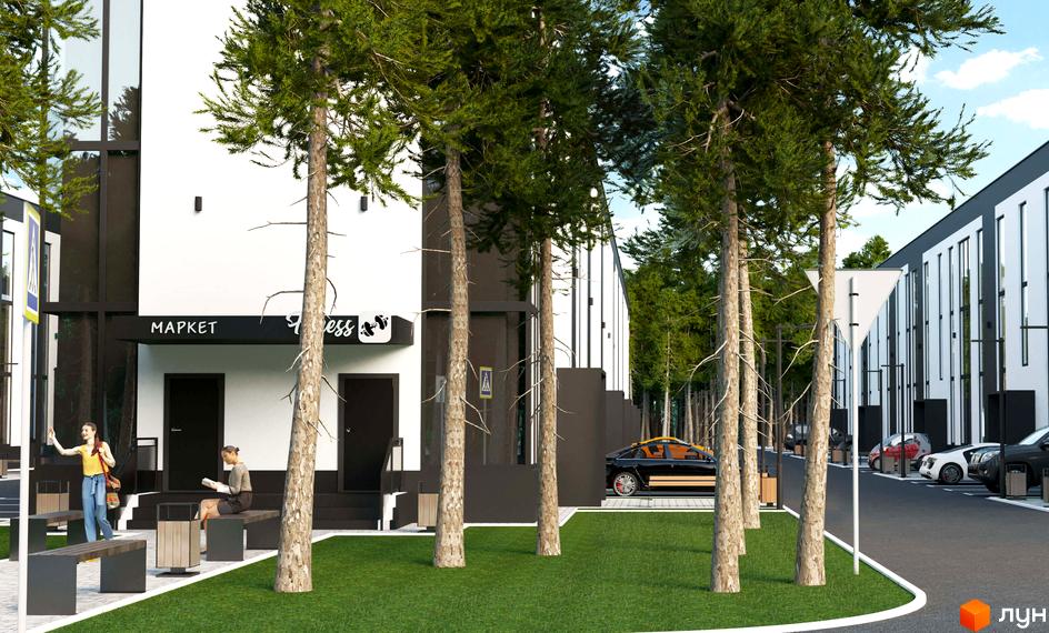 Зображення фасаду та прибудинкової території Житлового комплексу Aura Park. На передньому плані дерева, газон та лавки.