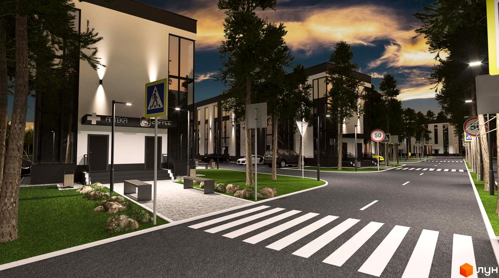 Зображення Житлового комплексу Aura Park з фасадом будівлі та прилеглою територією з пішохідним переходом.