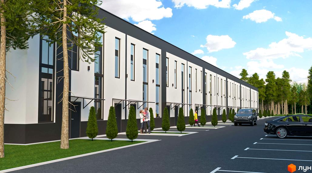 Зовнішній вигляд Житлового комплексу Aura Park з паркінгом та прибудинковою територією з деревами.