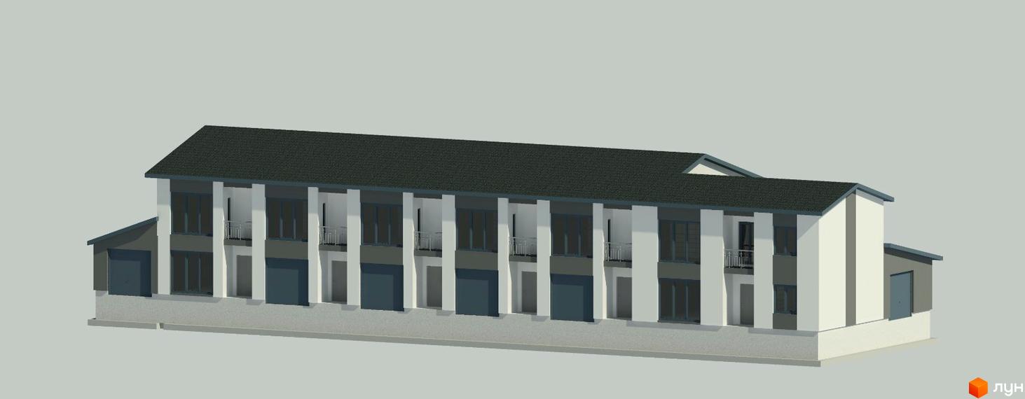 Фасад житлового комплексу на вулиці Підгородній, що складається з багаторівневих секцій з балконами та великими вікнами. Будинок має біло-сіре оздоблення та темний дах.