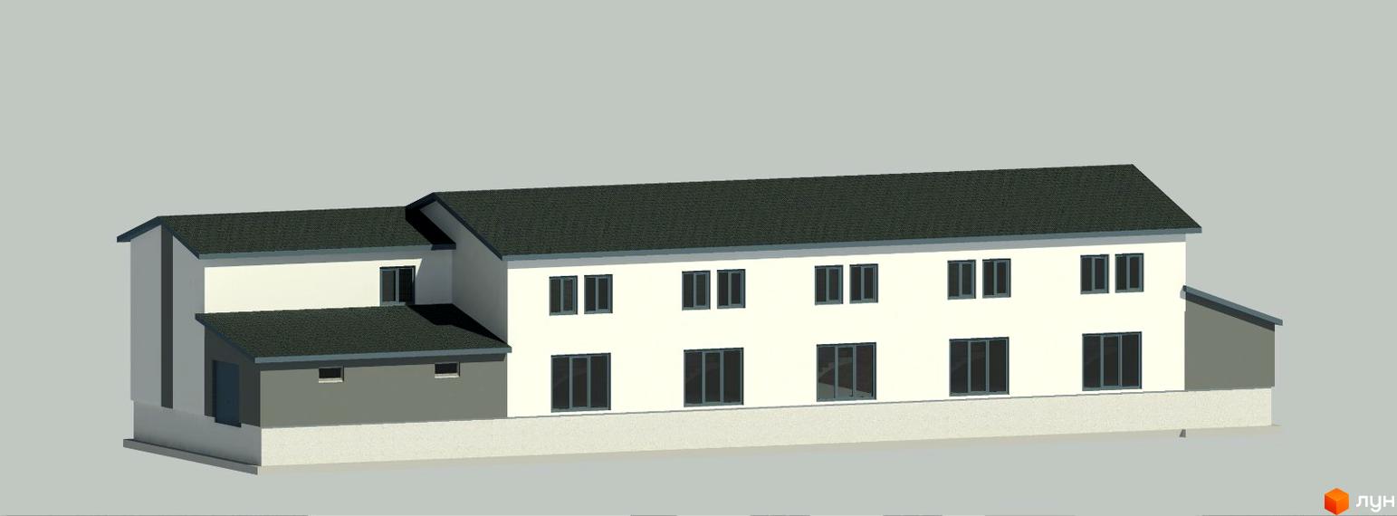 Зовнішній вигляд будинку житлового комплексу на вул. Підгородня, з білими стінами, темним дахом та численними вікнами. Навколо будинку сірий фон.