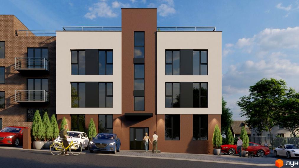 Зображення фасаду житлового комплексу по вулиці Загребельна, 51. На передньому плані припарковані автомобілі та пішоходи.