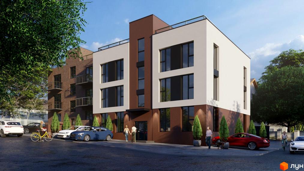 Зовнішній вигляд новобудови на вулиці Загребельній, 51, з цегляним фасадом та білими та коричневими елементами, з прибудинковою територією та автомобілями.