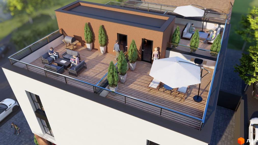 Зображення будинку з терасою на даху. На терасі є меблі, парасольки та рослини у горщиках, що створюють затишну атмосферу.