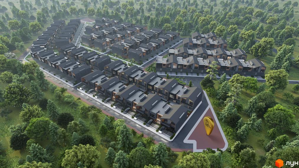 Котеджне містечко ЛісоПаркове: вид зверху на ряди сучасних будинків з темними дахами та фасадами, розташованих серед зеленого лісу.