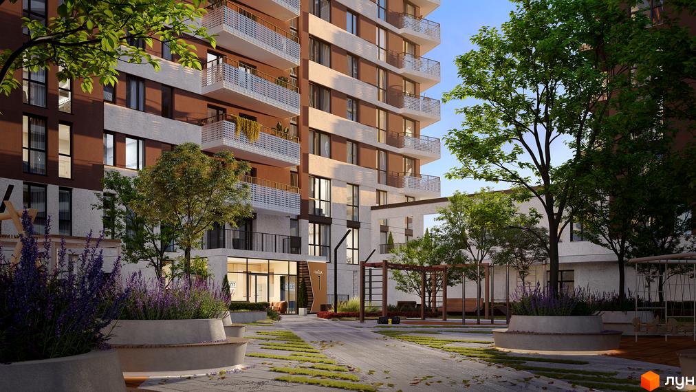 Зображення фасаду та прибудинкової території Житлового комплексу PEYOT. Вигляд багатоповерхового будинку з балконами та зеленим подвір'ям.