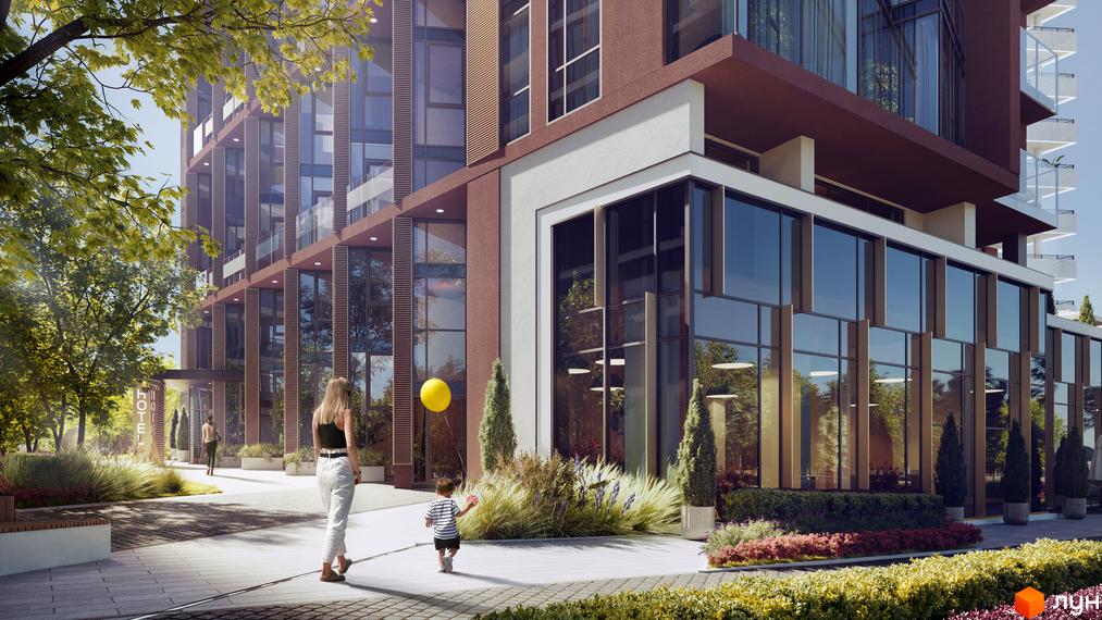 Житловий комплекс PEYOT з панорамними вікнами та терасами, з доглянутою прибудинковою територією, де прогулюються люди з дитиною.