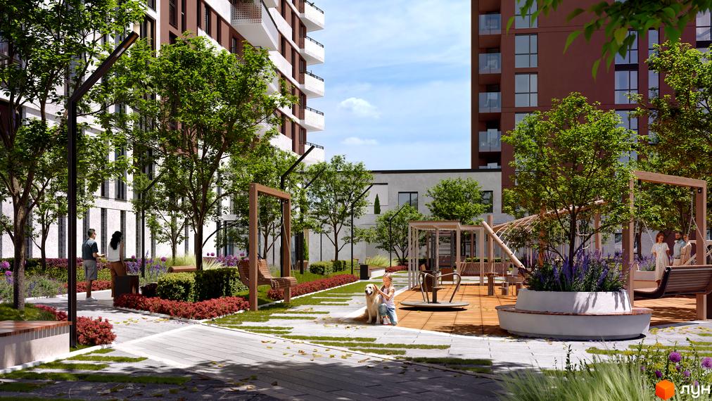 Житловий комплекс PEYOT з сучасними будинками та зоною відпочинку з дитячим майданчиком та зеленими насадженнями. Комфортне житло в новому районі.