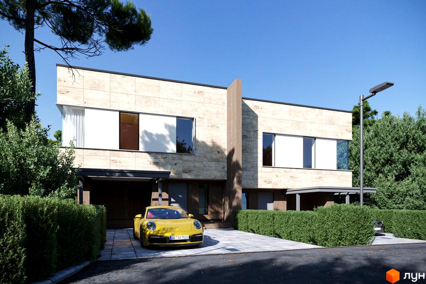 Зображення будинку в IT Village. Двоповерхова будівля з великими вікнами та жовтим автомобілем на подвір'ї.