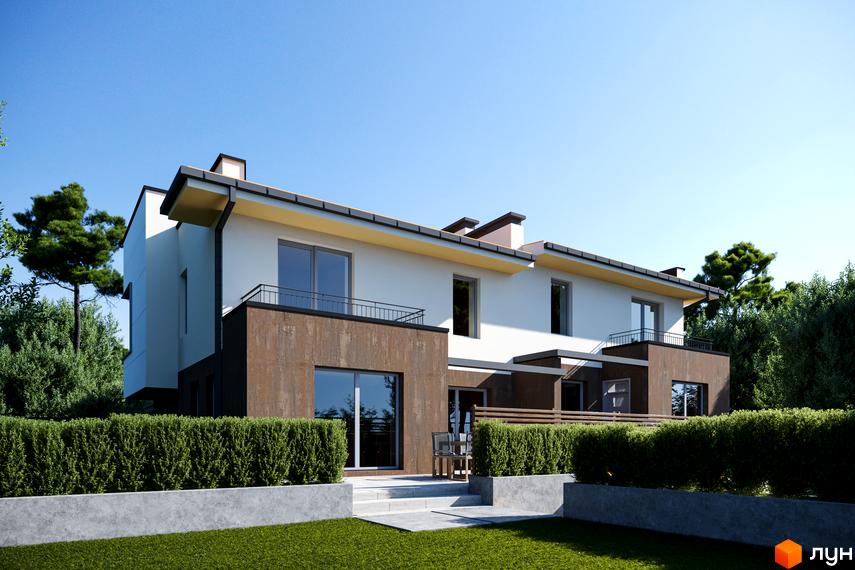 Зображення двоповерхового будинку в Житловому районі IT Village з великими вікнами та зеленим газоном перед ним.