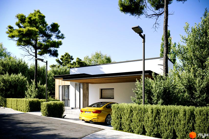 IT Village: сучасний одноповерховий будинок з навісом для авто та доглянутою прибудинковою територією з акуратними кущами та деревами.