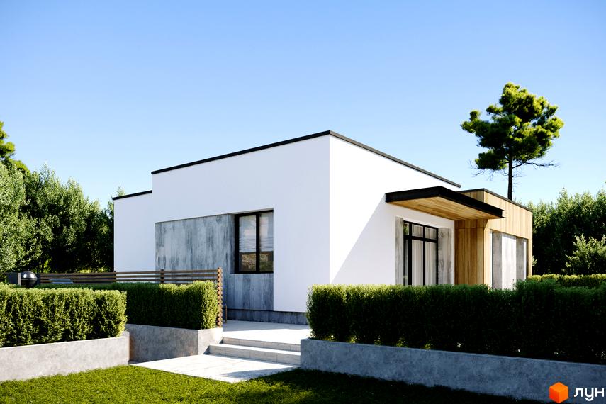 Зображення будинку в IT Village. Білий фасад з великими вікнами та озеленена прибудинкова територія з газоном і кущами.