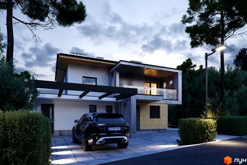 Зображення будинку в IT Village з чорним авто. Навколо будинку зелені насадження та освітлена територія.