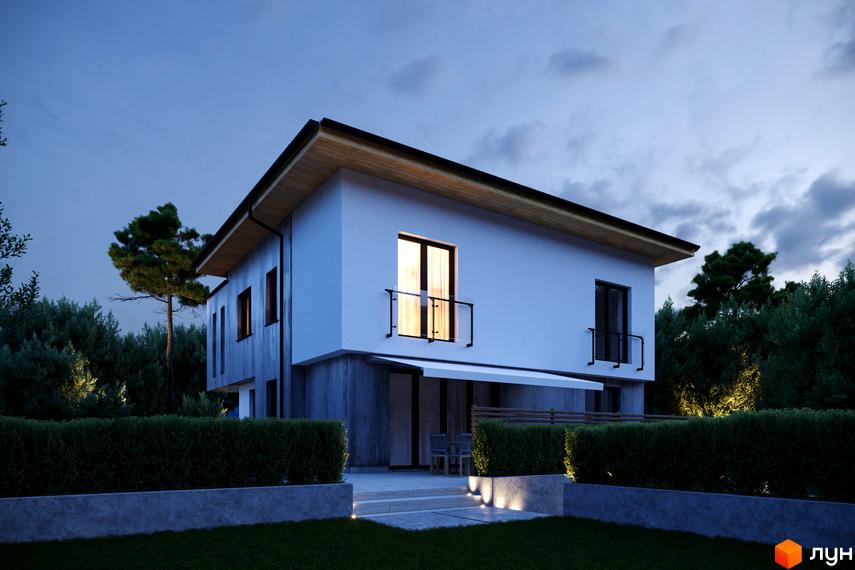 Зображення двоповерхового будинку IT Village з великими вікнами та освітленою прибудинковою територією. Навколо зелені насадження та газон.