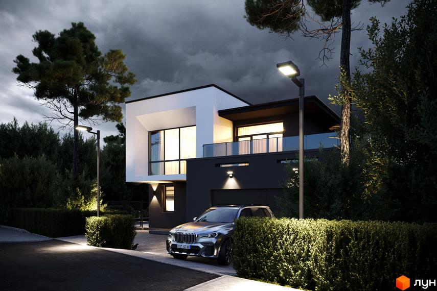 Будинок житлового комплексу IT Village з великими вікнами та скляним балконом, освітлений ліхтарями ввечері. На прибудинковій території видно доглянуті кущі та автомобіль.