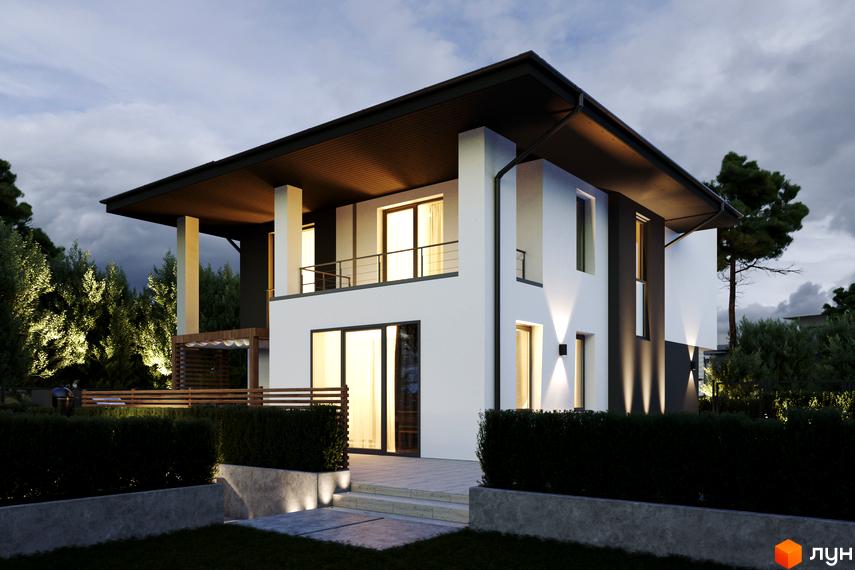 Зображення двоповерхового будинку в IT Village з великими вікнами та терасою. Навколо будинку зелені насадження та доглянутий газон.