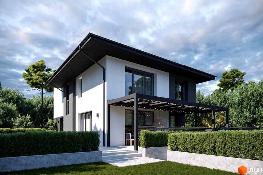 Сучасний двоповерховий будинок з білою та сірою обробкою, великими вікнами та терасою, оточений зеленню та доглянутим газоном.