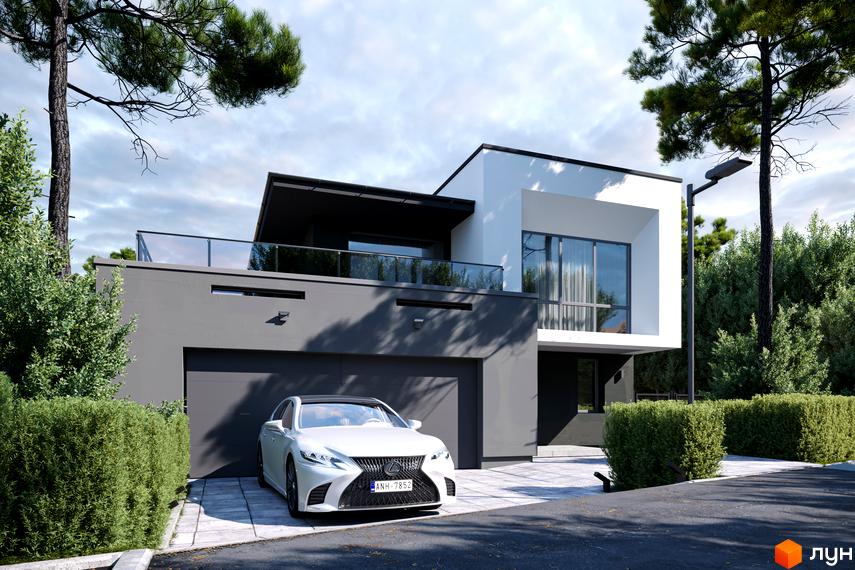 Зображення будинку в IT Village з автомобілем на подвір'ї. Ландшафтний дизайн з деревами та кущами навколо.