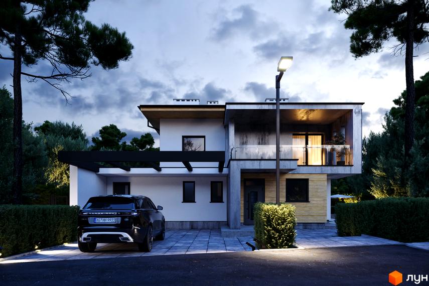Будинок житлового комплексу IT Village з автомобілем на подвір'ї та освітленням навколо. Сучасна архітектура та доглянута прибудинкова територія з деревами.